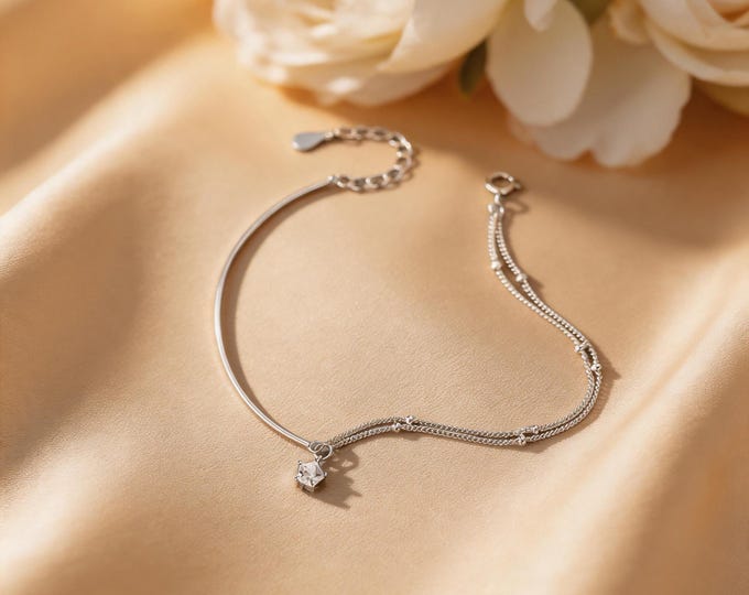 S925 Sterling Silver Asymmetrical Double Layer Zircon Bracelet - Dainty Shimmering Station Bracelet for Women, Minimalist Gift for Her