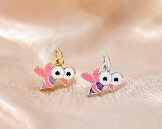 Cute S999 Sterling Silver Cartoon Bee Charm Pendant with Pink Purple Enamel for DIY Necklace Bracelet Earring Jewelry Making Supplies
