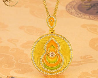 Handmade Enamel Diamond-Accented Filigree Gold-Plated Amulet Gourd Pendant Necklace – Feng Shui Necklace, Romantic Gifts for Her