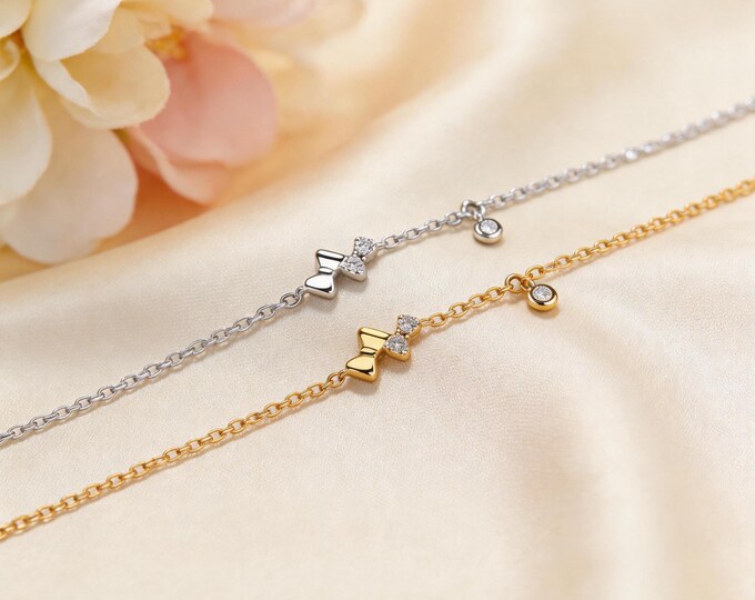 S999 Fine Silver Double Bowknot Bracelet Dainty Micro Pave Zircon Bow Jewelry for Women, Minimalist Shimmering Pure Silver Anniversary Gift