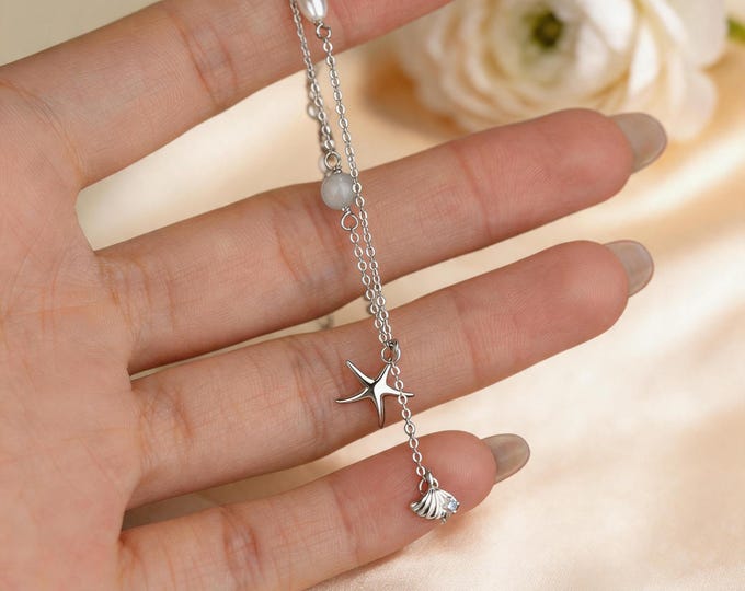 S999 Fine Silver Aquamarine Starfish Bracelet - Dainty Natural Gemstone & Pearl Ocean Charm Chain, Shimmering Beach Gift for Her, Adjustable