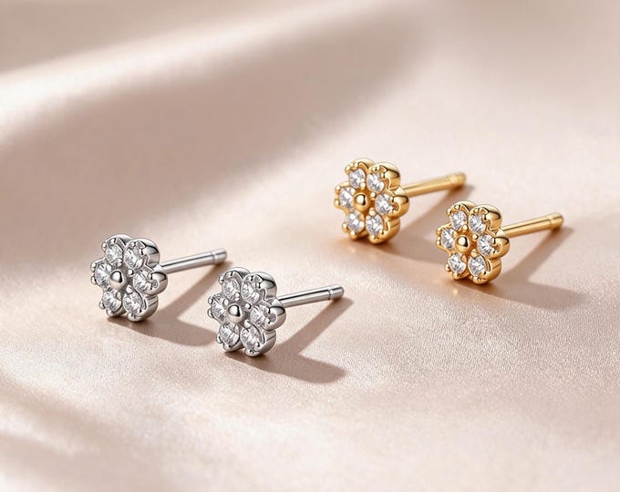 Elegant S925 Sterling Silver Flower Stud Earrings with Sparkling CZ Stones, Gold and Silver Options, A Sweet Everyday Jewelry Gift for Her