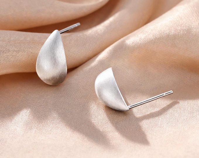 Solid S999 Sterling Silver Teardrop Stud Earrings with Minimalist Matte Brushed Finish, Elegant Geometric Jewelry Gift for Her Daily Wear.