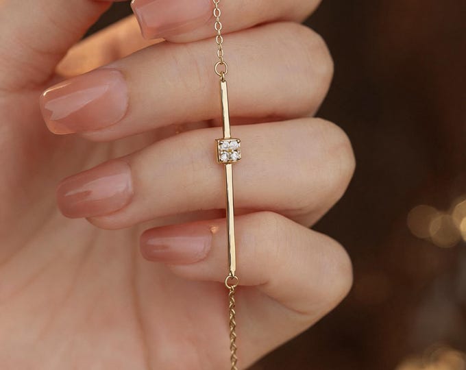 Dainty S925 Silver Geometric Bar Bracelet with Micro-set Zirconia, Minimalist Adjustable Chain, Anniversary Birthday Gift for Her