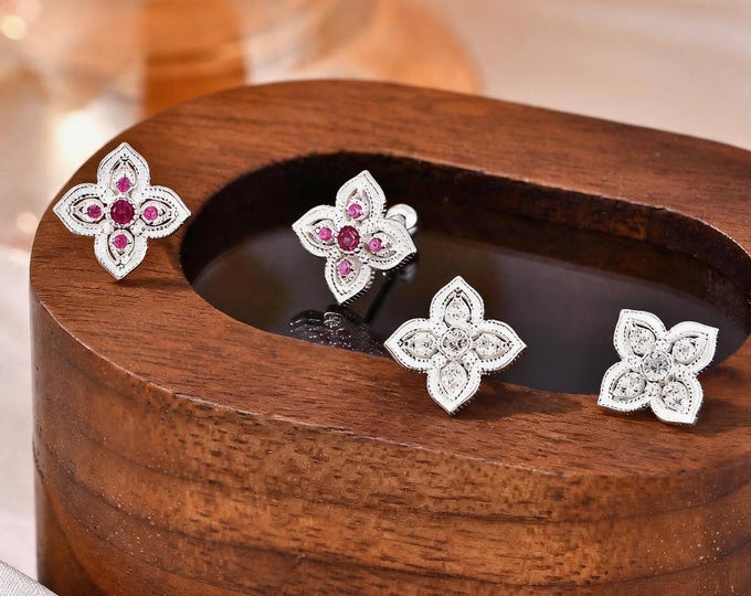 Elegant S999 Sterling Silver Clover Stud Earrings with White CZ, Perfect Self Care Gift for You or Bestie Birthday, Minimalist Style