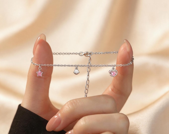 S999 Fine Silver Pink Heart Bracelet, Shell Charm Dainty Jewelry for Women, Micro Pave Pink Zircon Romantic Gift, Adjustable Beach Jewelry