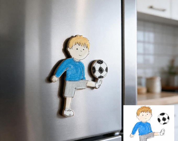 Custom Kids Soccer Art Fridge Magnet, Stainless Steel Necklace Charm Keychain Zipper Charms, Personalized Boys Drawing Keepsake for Him