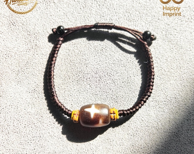 Natural Authentic 3 Eyed Dzi Bead Bracelet | Meditation Dzi Bead Bracelet | Rare Antique Agate Bracelet | Spiritual Energy Talisman