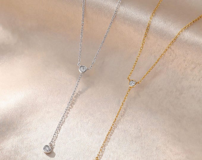 S925 Fine Silver Y-shape Lariat Necklace, Bezel Set Zirconia Drop, Adjustable Chain in Silver or Gold Finish for Her