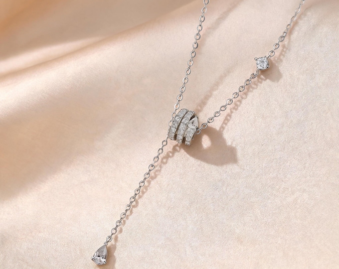 S925 Fine Silver Y-shape Lariat Necklace with Zirconia, Adjustable 40cm Chain, Dainty Drop Design Gift for Her Women