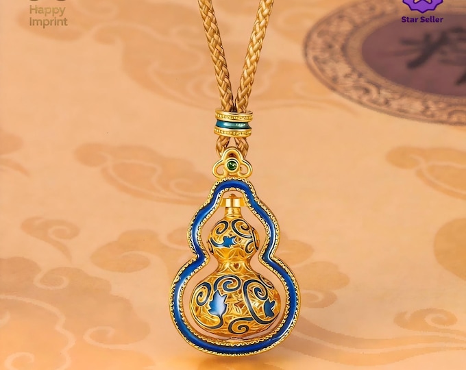 Gold-Plated Rotatable Blue Enamel Gourd Pendant Necklace with Cloud Patterns | New Year Talisman Necklace | Healing Jewelry Gift For Her