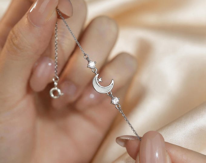 S999 Fine Silver Crescent Moon Bracelet - Mother of Pearl & Micro Pave CZ Celestial Jewelry for Women, Adjustable Anniversary Gift for Her