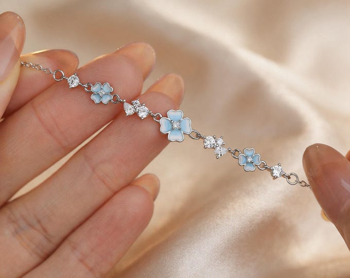 Dainty S925 Silver Blue Enamel Four Leaf Clover Bracelet with Clear Zirconia, Adjustable Lucky Jewelry, Anniversary Birthday Gift for Her