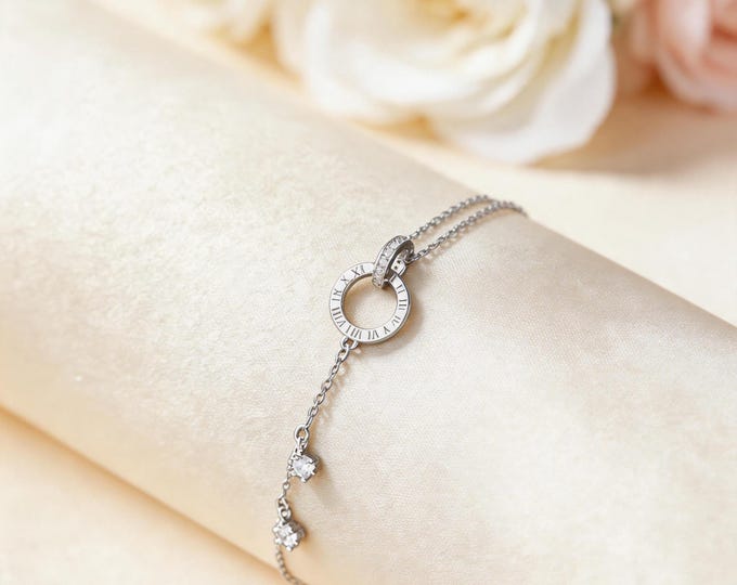 S925 Silver Double Circle Bracelet, Roman Numeral Clock, Micro Pave CZ, Star Charms,O Chain 16cm+3cm Extender,Hypoallergenic Jewelry