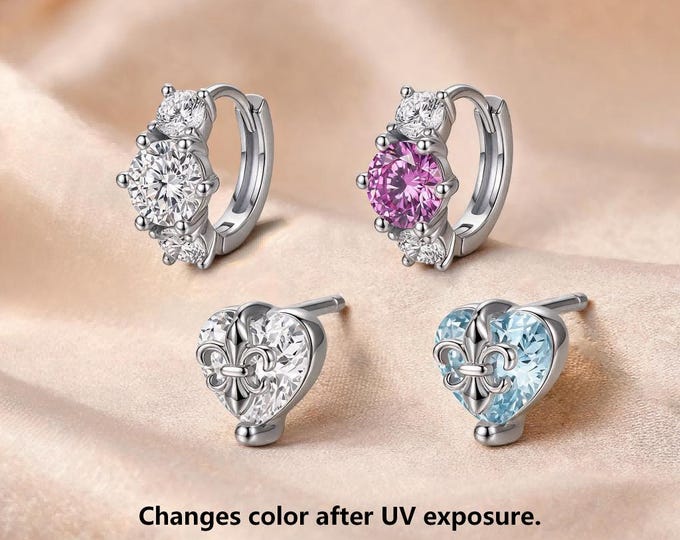 Solid S925 Silver UV Light Color Changing CZ Huggie Hoop & Heart Stud Earrings, Fun Sunlight UV Sensitive Jewelry Gift for Women.
