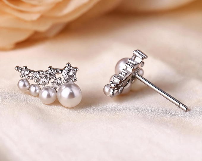 Gradient Faux Pearl Ear Climber Studs, 925 Sterling Silver Curved CZ Earrings, Elegant Dainty, Daily Fine Jewelry, Gift for Bestie & Self