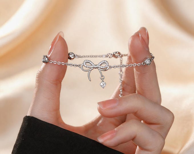 S999 Fine Silver Bowknot Bracelet - Dainty Micro Pave Zircon Bow Jewelry for Women, Minimalist Shimmering Pure Silver Anniversary Gift