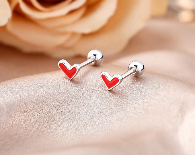 Adorable Sleep-Friendly S999 Sterling Silver Heart Stud Earrings with Red Enamel, Secure Screw Back, Sweet Daily Jewelry Gift for Her