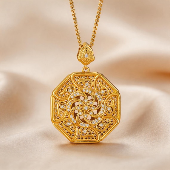 18K Gold Octagon Medallion Pendant Necklace | Micro Pave Zircon Sunburst | Filigree Lucky Charm | Artisan Crafted Gift