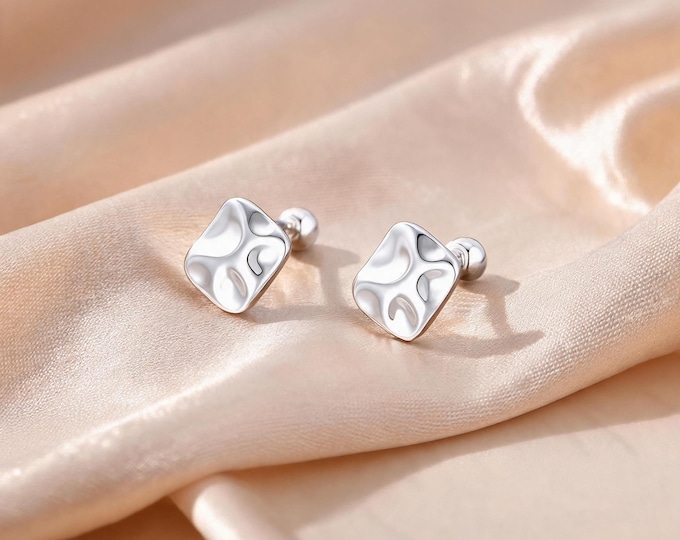 S999 Sterling Silver Minimalist Square Stud Earrings with Textured Molten Surface Design, Modern Abstract Jewelry Gift for Her.