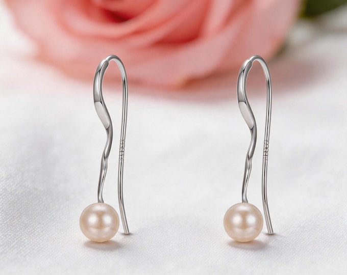 Elegant S999 Sterling Silver Wave Pearl Drop Earrings, Minimalist Self Care Gift for You or Bestie Birthday Present, Dainty Jewelry