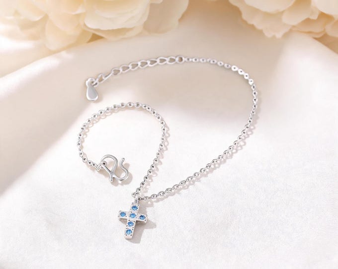 Elegant Dainty S999 Sterling Silver Cross Bracelet with Blue Zirconia Accents, Minimalist Link Chain Religious Jewelry Gift for Women Wife