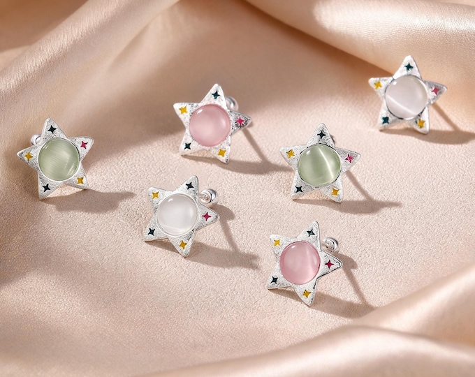 Minimalist Elegant S999 Silver Star Cat's Eye Stone Screw Stud Earrings, Sweet Colorful Gem Jewelry & Birthday Gift for Daughter or Niece.