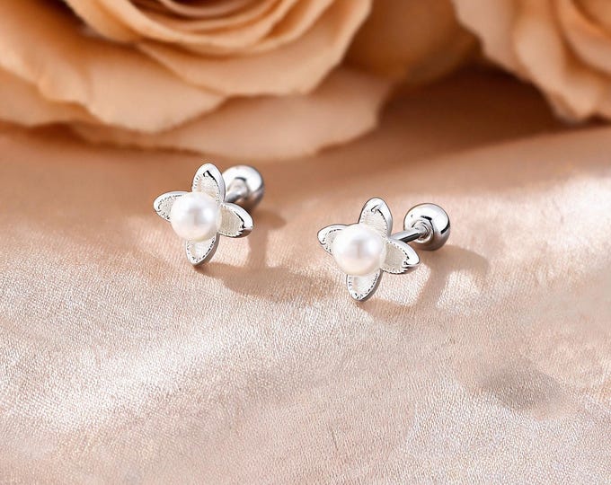 Adorable S999 Sterling Silver Clover and Faux Pearl Studs, Secure Screw Back, A Cute Treat for Yourself and Your Bestie.