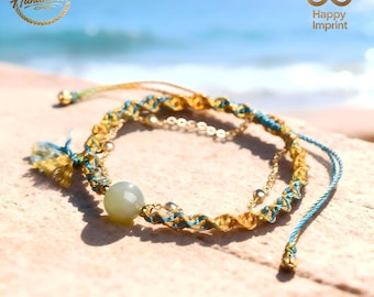 Handmade Boho Adjustable Multi-Colored Cord Bracelet with Hetian Jade Bead – Romantic Gift for Her