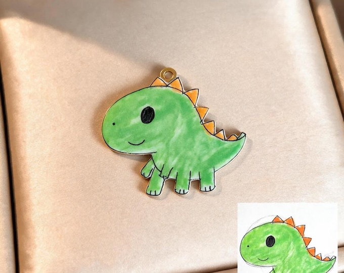 Custom Kids Dinosaur Art Drawing Zipper Charms, Stainless Steel Necklace Pendant Charm Keychain Fridge Magnet, Personalized Keepsake Gift