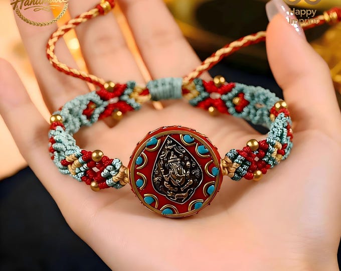 Tibetan-Inspired Buddhist Symbol Macrame Bracelet, Handmade Adjustable Woven Jewelry for Spiritual Seekers（6 Colors Available）