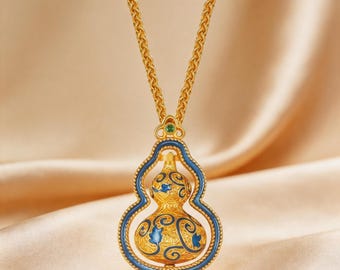 Spinning Blue Enamel Gourd Pendant Necklace | 14K Gold Plated Lucky Charm | Rotating Hulu Amulet | Artisan Crafted Jewelry Gift