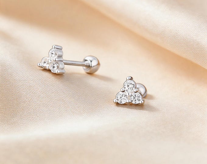 S999 Solid Sterling Silver Triangle Shape Stud Earrings with Three Sparkling CZ Stones, Hypoallergenic Screw Back Jewelry Gift for Wife.
