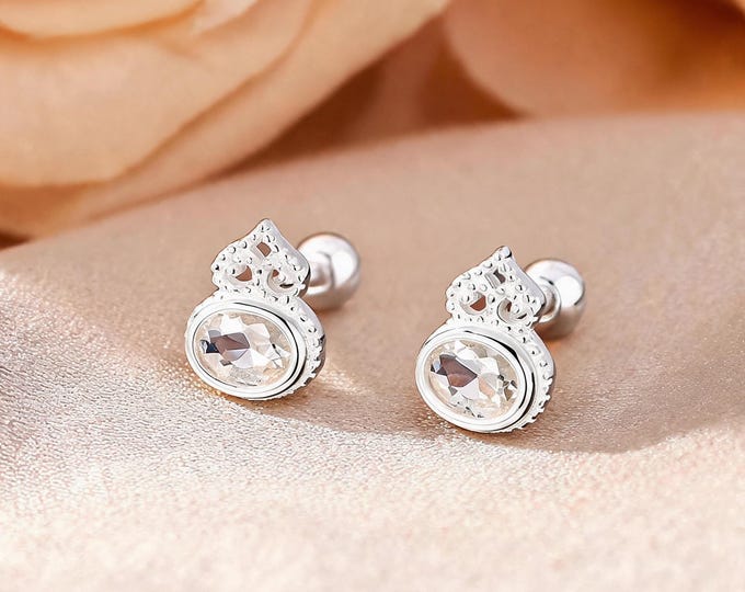999 Fine Silver Gourd Screw Back Stud Earrings, Oval CZ Dainty Mini Design, Delicate Style, Daily Fine Jewelry, Gift for BFF & Self