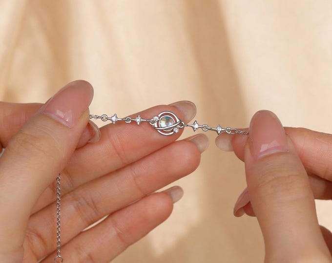 S999 Fine Silver Planet Bracelet, Celestial Galaxy Jewelry with Colored Glass, Dainty Universe Charm Chain, Cosmic Birthday Gift for Her