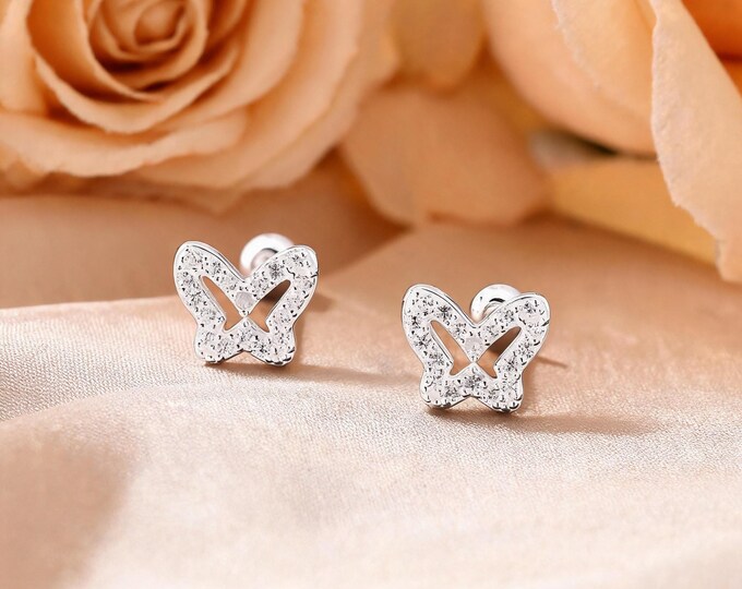 Minimalist Hollow Butterfly S999 Silver Studs with CZ, Sweet Self Indulgence Jewelry or Birthday Surprise for Best Friend.