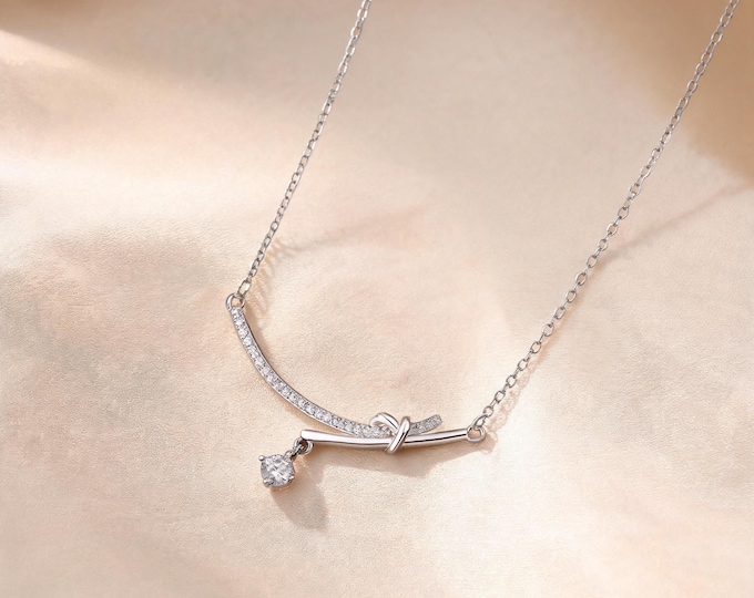 S925 Fine Silver Asymmetrical Twist Knot Necklace, Micro-set Zirconia Curved Bar with Elegant Droplet Pendant, Minimalist Silver Jewelry