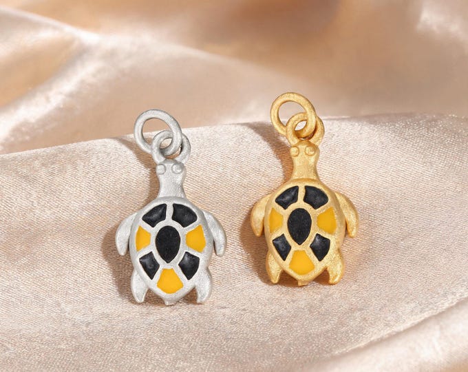 Premium S999 Sterling Silver Sea Turtle Charm Pendant with Black Yellow Enamel for DIY Necklace Bracelet Earring Jewelry Making Supplies
