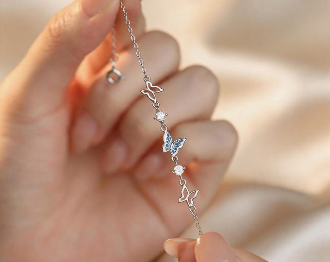 S925 Sterling Silver Blue Butterfly Bracelet Dainty Blue Enamel & Micro Pave CZ Butterfly Charm, Shimmering Jewelry, Adjustable Gift for Her