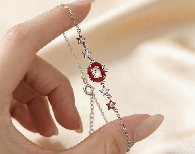 Sterling Silver Lucky Apple Bracelet, Dainty Pave CZ Fruit Charm, Elegant Birthday Gift for Women, Minimalist Silver Jewelry, Adjustable