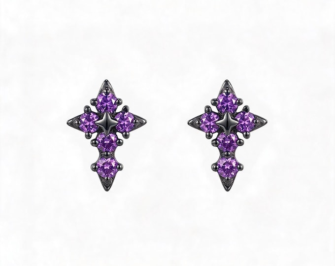Black Tone Cross Starburst Studs, 925 Sterling Silver Purple CZ Earrings, Edgy Gothic Daily Jewelry, Gift for BFF