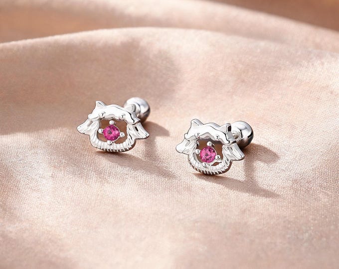 Charming Minimalist S999 Silver Puppy Stud Earrings with Pink CZ, Secure Screw Back, Cute Animal Jewelry Gift for Her Everyday Outfits