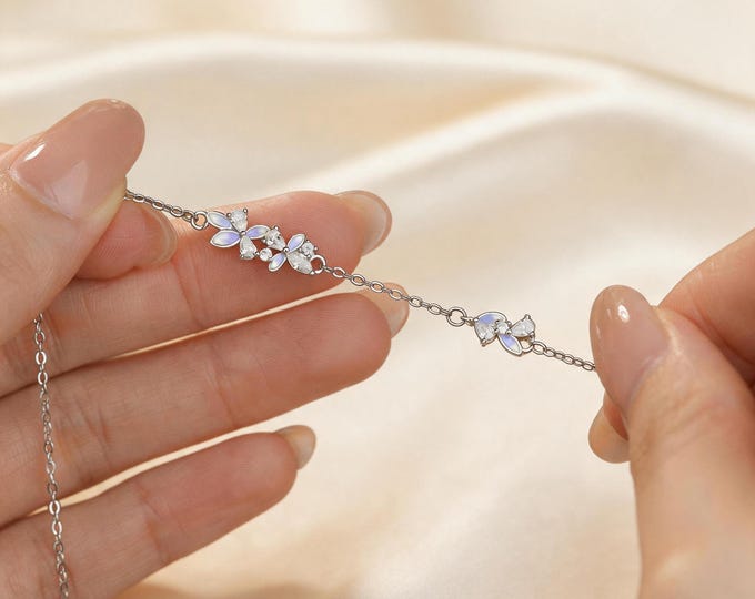 S925 Sterling Silver Floral Bracelet, Enamel Flower Zircon Dainty Chain, Adjustable Romantic Jewelry Gift for Her, Minimalist Spring Style