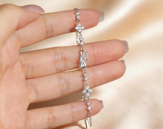 S999 Fine Silver Lucky Clover Bracelet, Dainty Micro Pave CZ Bowknot Heart Charm Bracelet, Minimalist Shimmering Gift for Women