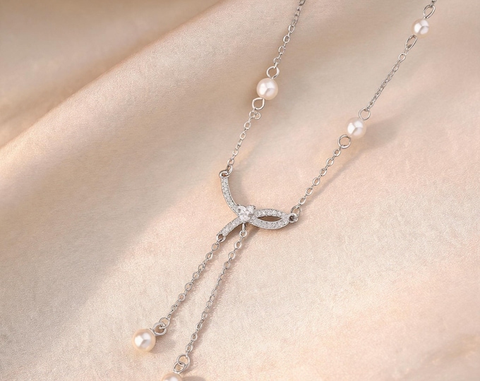 Dainty S925 Silver Bow Pearl Lariat Necklace, Zirconia Tassel Charm, Adjustable Fine Chain Gift for Her Women