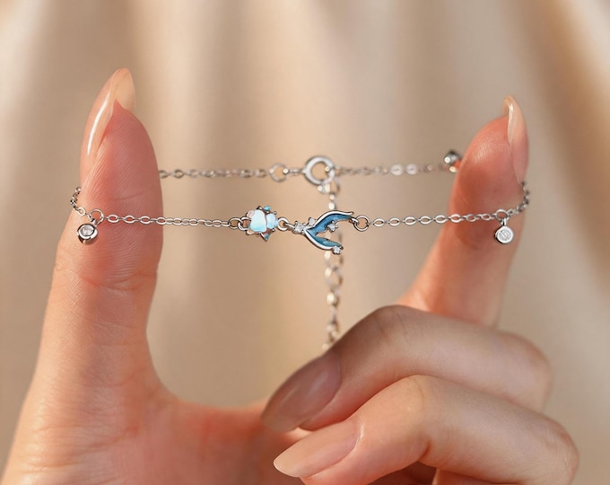 S925 Sterling Silver Fishtail Bracelet Dainty Micro Pave CZ Mermaid Tail Charm, Minimalist Ocean Jewelry, Shimmering Adjustable Gift for Her