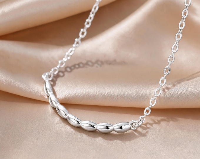 S999 Fine Silver Minimalist Rice Bead Necklace, Dainty Curved Bar Choker, Adjustable Silver Chain Jewelry Gift for Her Women