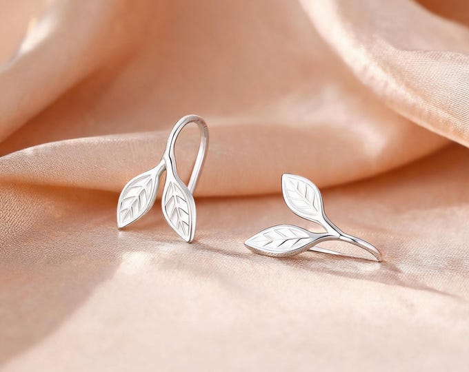 Solid S999 Sterling Silver Minimalist Leaf Carved Stud Earrings, Nature Versatile, Birthday Gift for Girlfriend or Bestie.