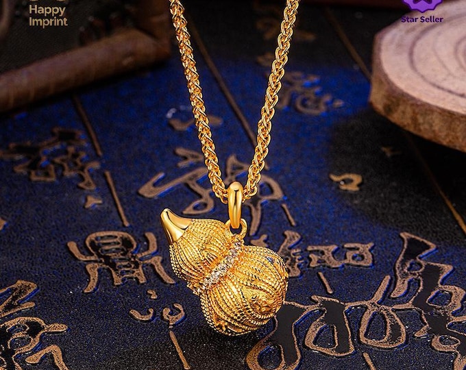 Handmade Filigree Diamond-Accented Gold-Plated Gourd Pendant Necklace – Good Fortune Necklace, Talisman Pendant, Romantic Gift for Her