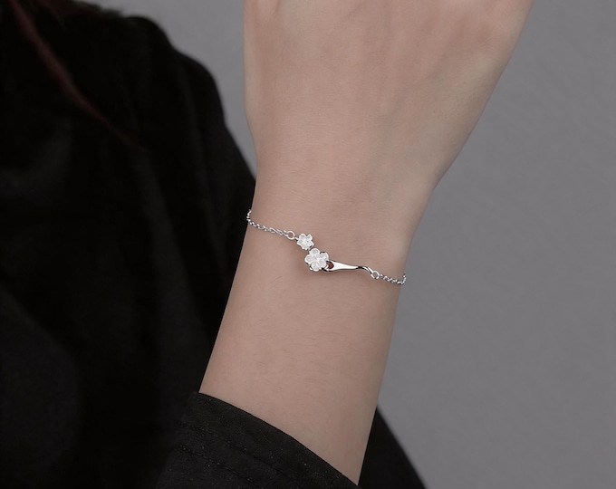 Solid S925 Silver Micro-Pave Zircon Floral Branch Bracelet, Asymmetric Twin-Flower, O-Chain 19cm, Nickel-Free Minimalist Elegant Gift